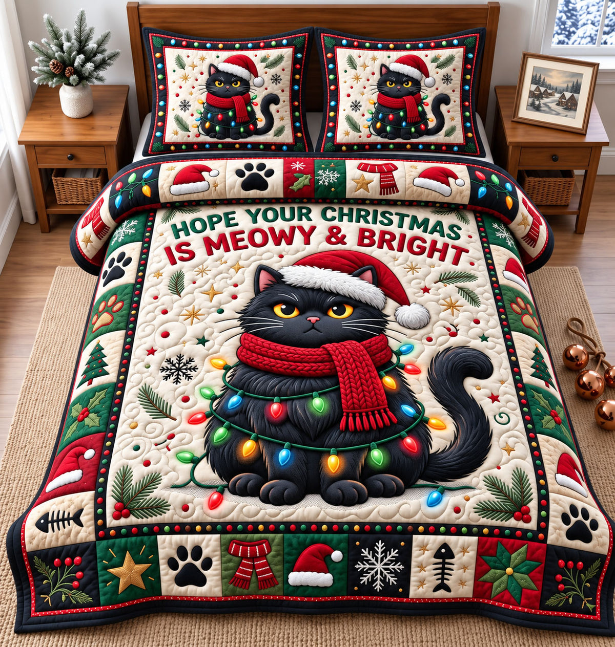 Christmas Cat 3-Piece Quilted Bedding Set GFTONMU3316