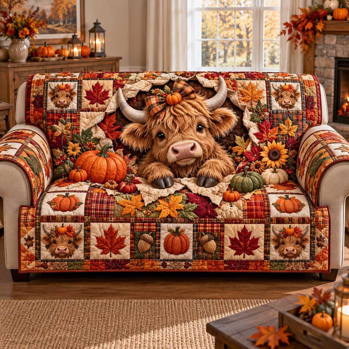 Highland Cow Quilted Sofa Cover GFTONMU3342