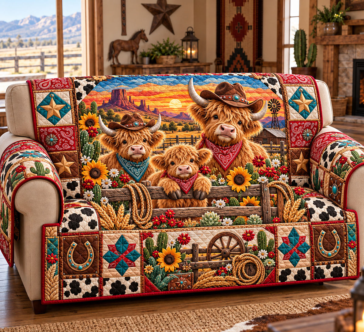 Highland Cow Quilted Sofa Cover GFTONMU3351