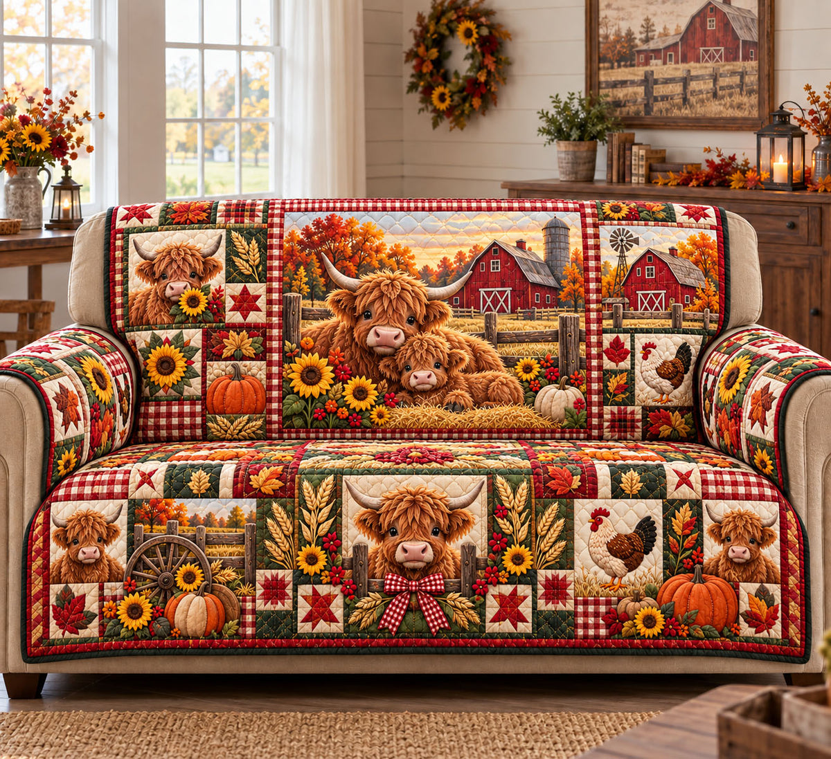 Highland Cow Quilted Sofa Cover GFTONMU3353