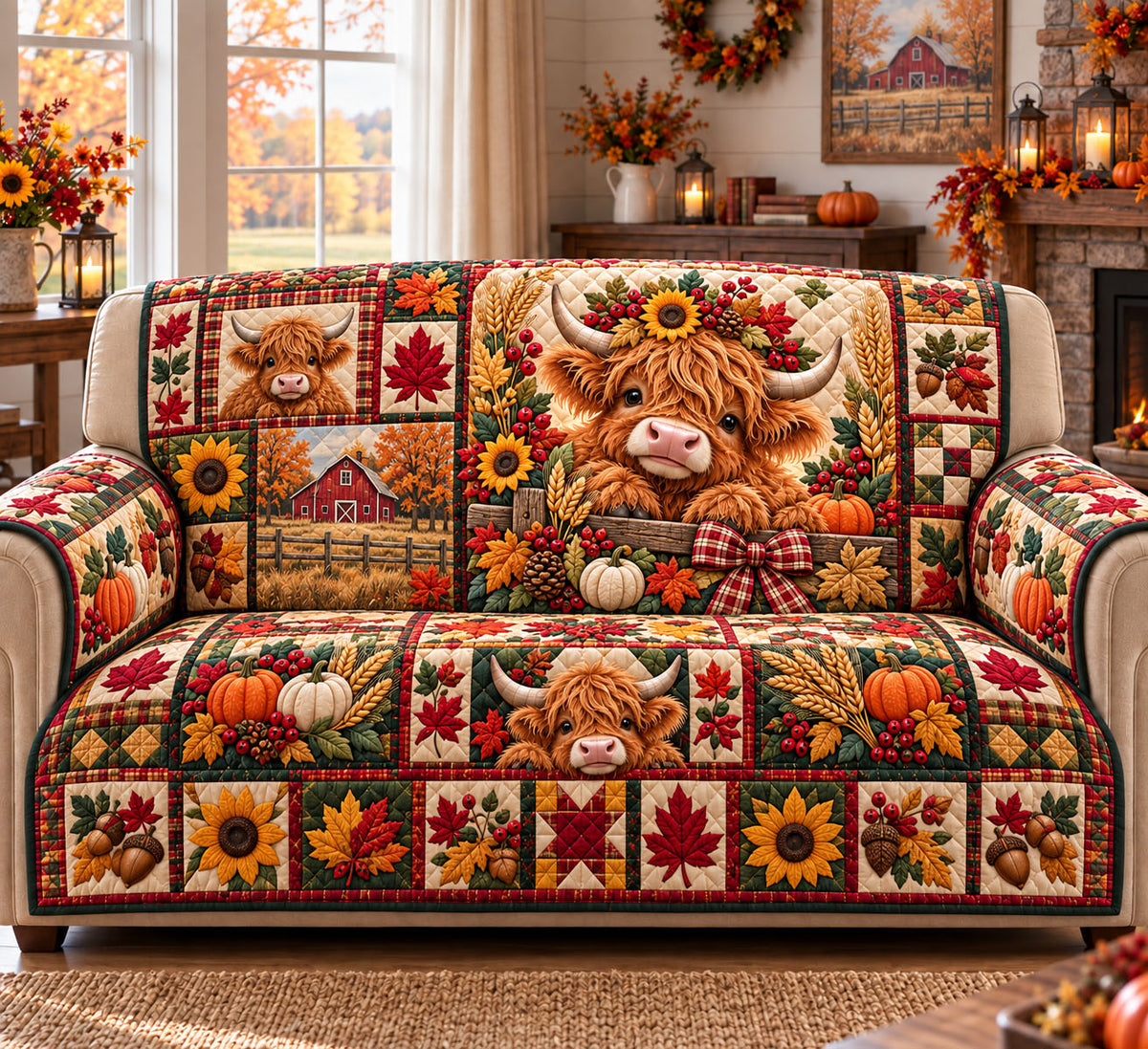 Highland Cow Quilted Sofa Cover GFTONMU3355