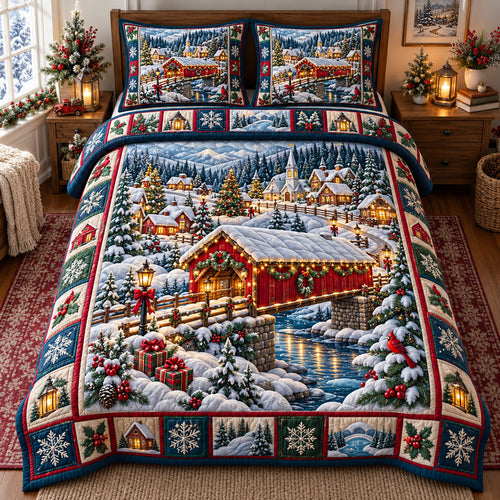 Christmas Village 3-Piece Quilted Bedding Set GFTONMU3362