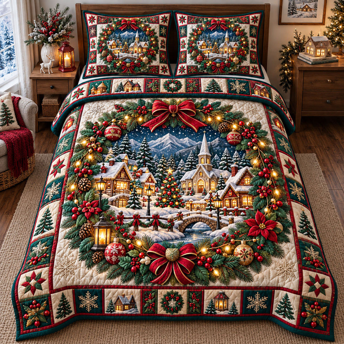 Christmas Village 3-Piece Quilted Bedding Set GFTONMU3365