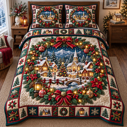 Christmas Village 3-Piece Quilted Bedding Set GFTONMU3365