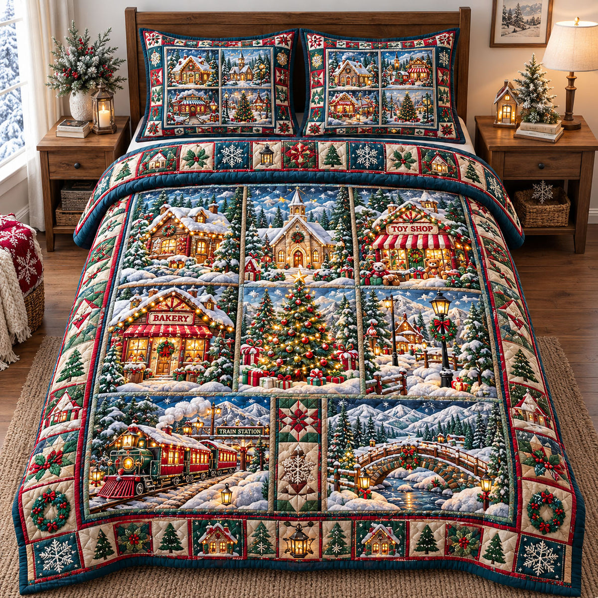 Christmas Village 3-Piece Quilted Bedding Set GFTONMU3366