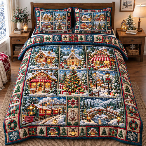 Christmas Village 3-Piece Quilted Bedding Set GFTONMU3366