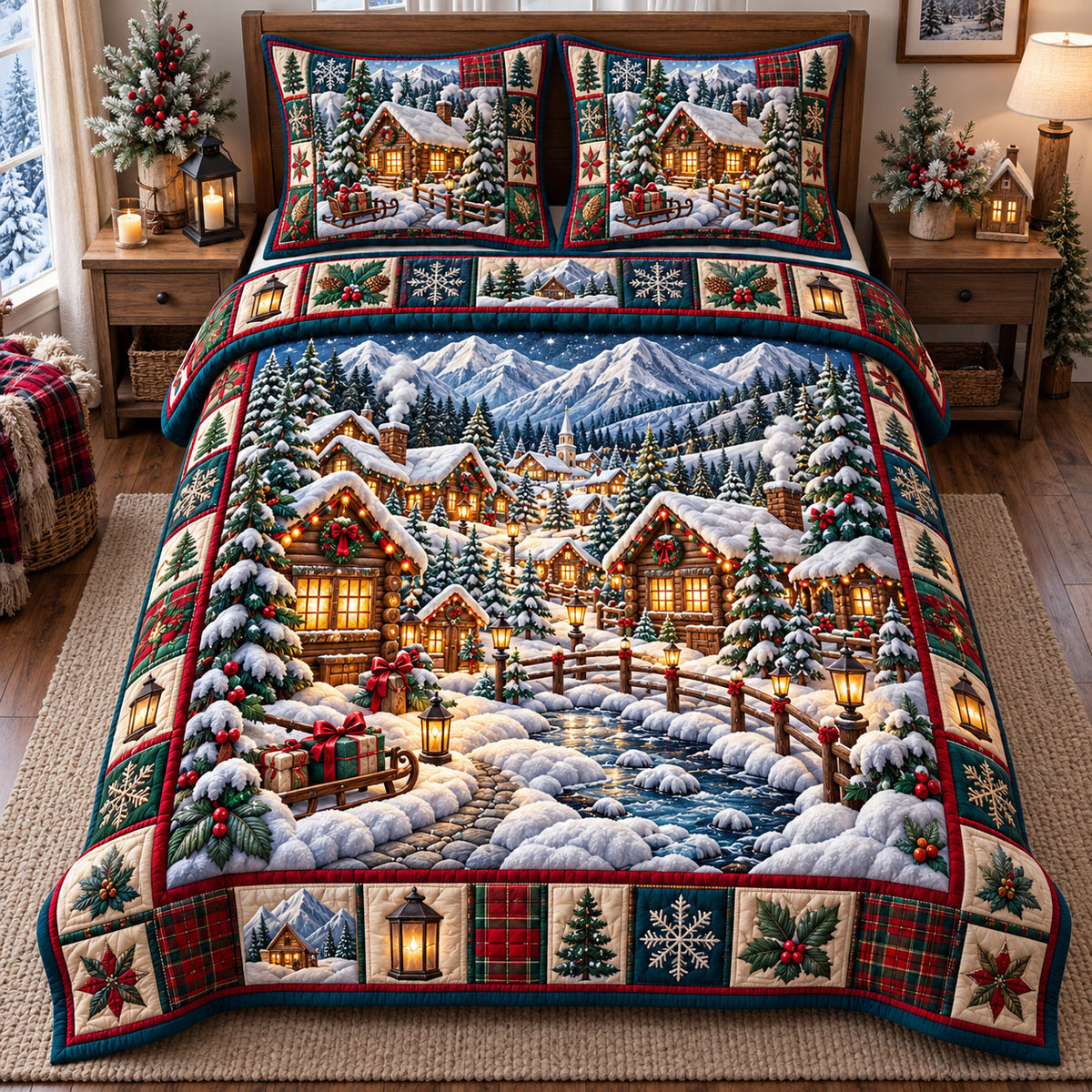Christmas Village 3-Piece Quilted Bedding Set GFTONMU3367