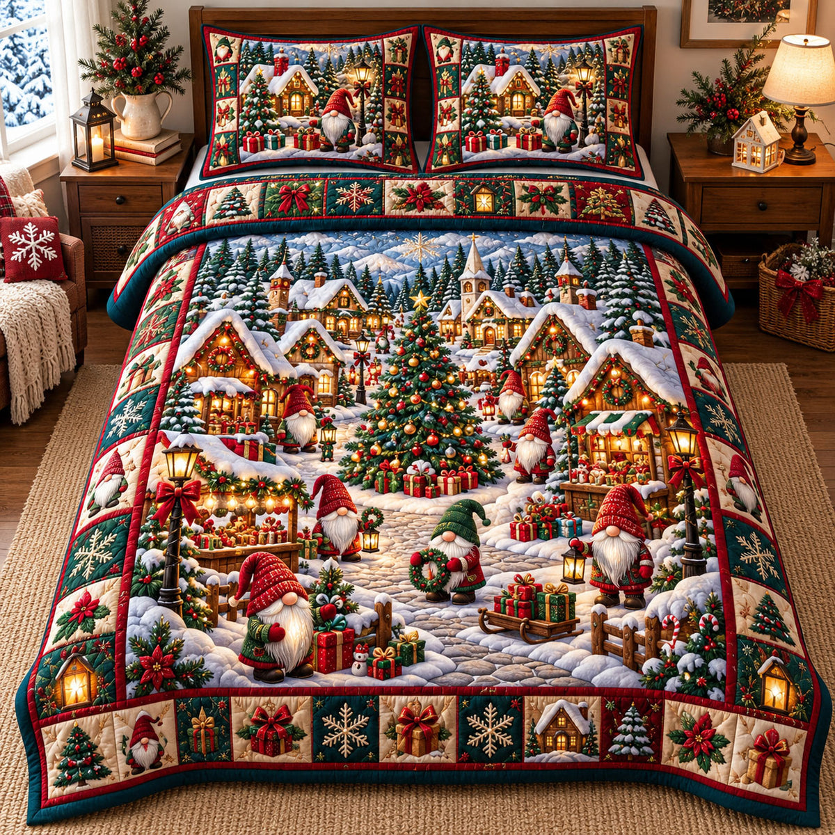Gnome Village 3-Piece Quilted Bedding Set GFTONMU3410