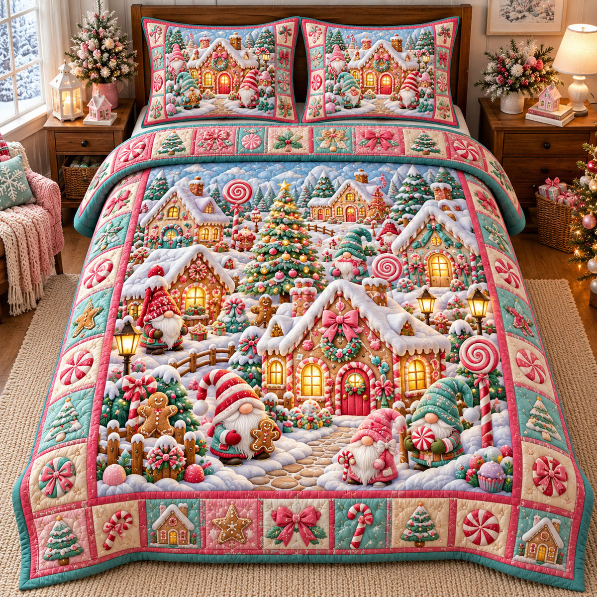 Gnome Village 3-Piece Quilted Bedding Set GFTONMU3414