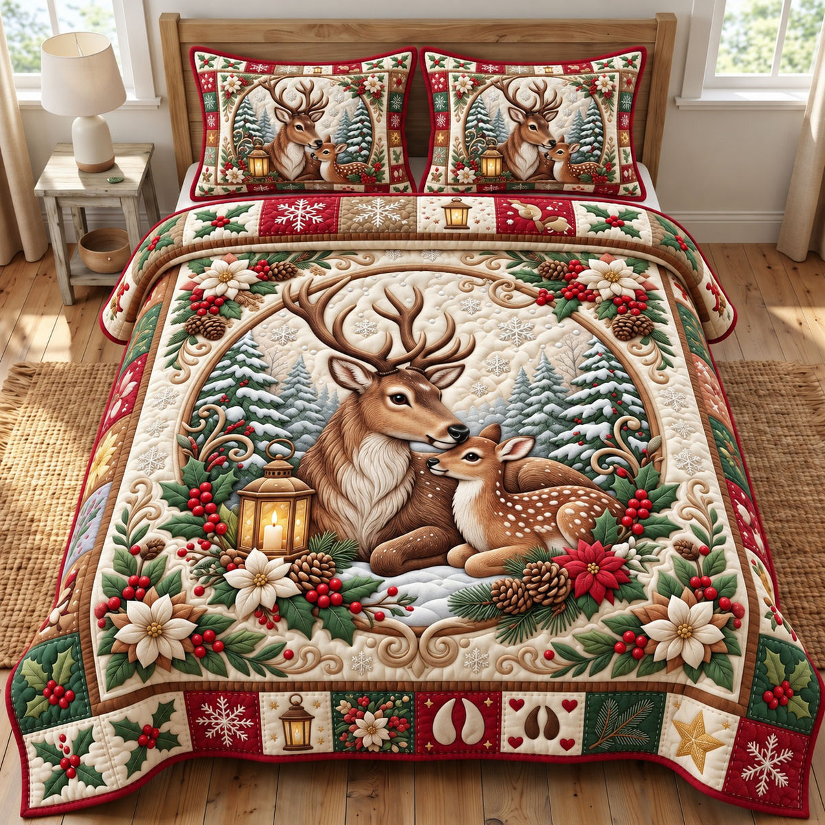 Christmas Reindeer 3-Piece Quilted Bedding Set GFTONMU3426