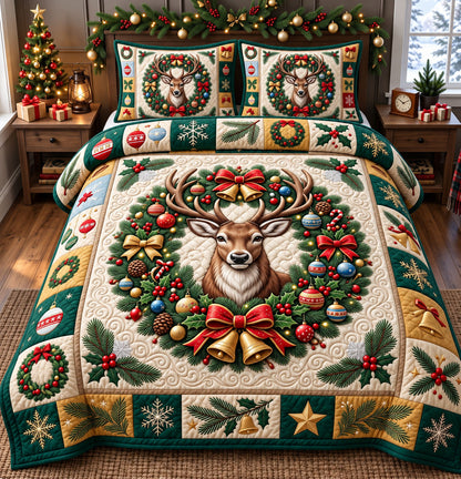 Christmas Reindeer 3-Piece Quilted Bedding Set GFTONMU3430