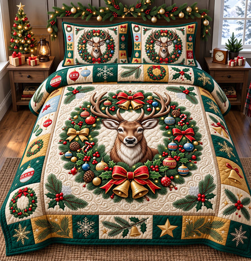 Christmas Reindeer 3-Piece Quilted Bedding Set GFTONMU3430