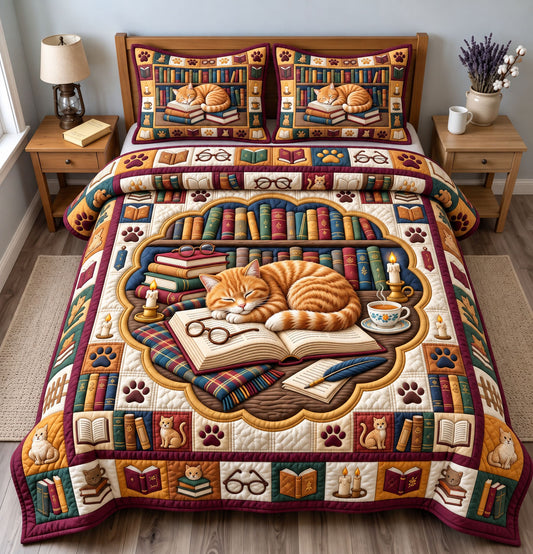 Bookish Cat 3-Piece Quilted Bedding Set GFTONMU3466
