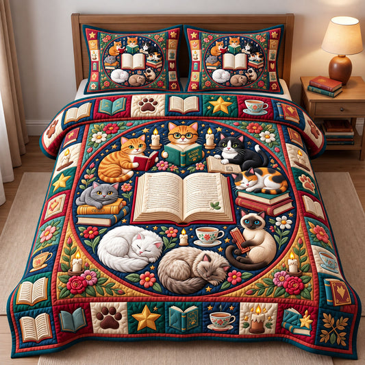 Bookish Cat 3-Piece Quilted Bedding Set GFTONMU3468