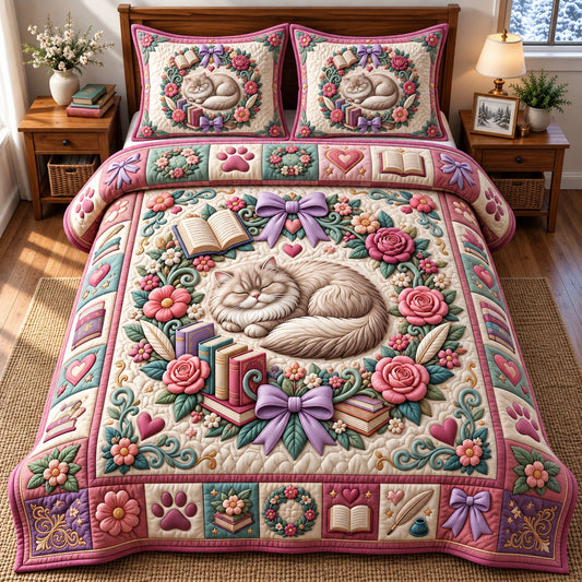 Bookish Cat 3-Piece Quilted Bedding Set GFTONMU3470