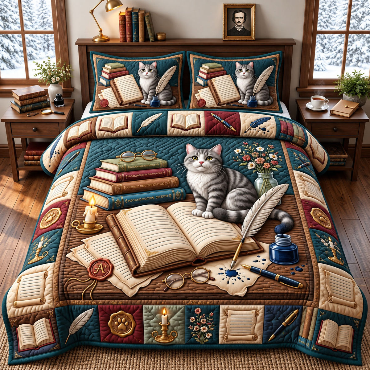Bookish Cat 3-Piece Quilted Bedding Set GFTONMU3471