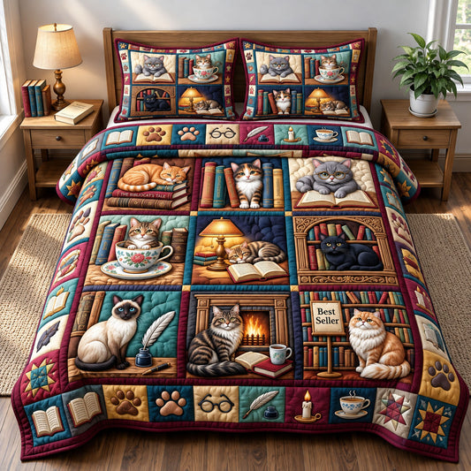 Bookish Cat 3-Piece Quilted Bedding Set GFTONMU3473