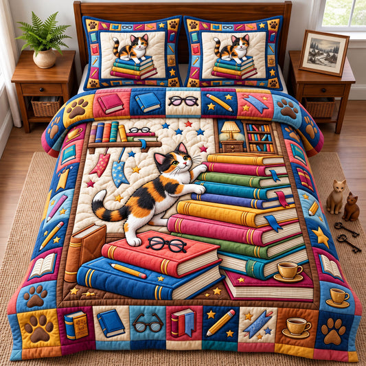 Bookish Cat 3-Piece Quilted Bedding Set GFTONMU3475