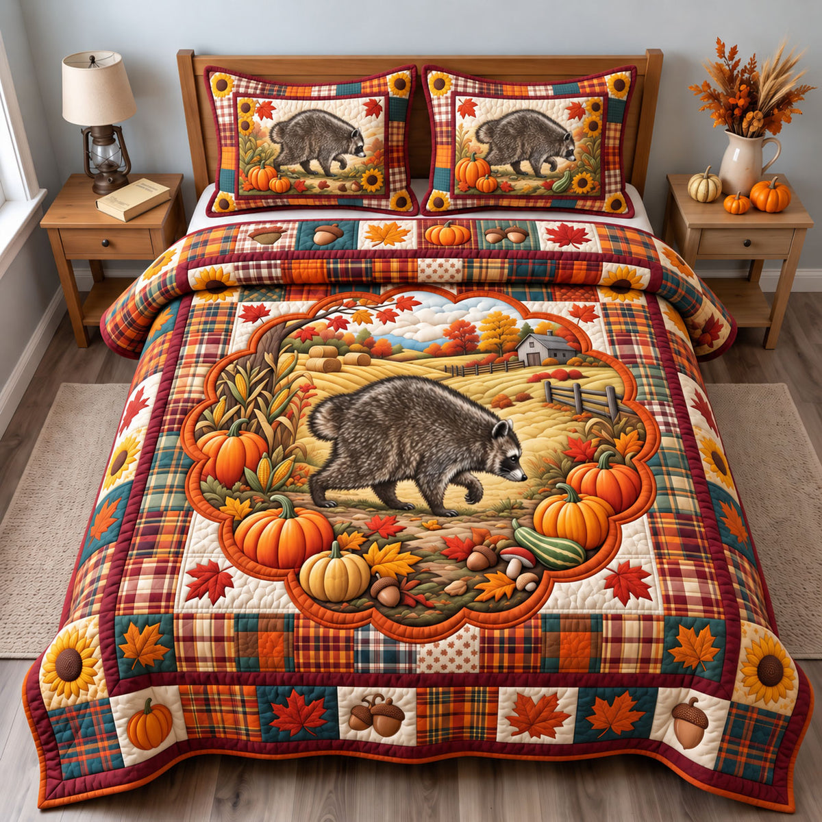 Funny Raccoon 3-Piece Quilted Bedding Set GFTONMU3529