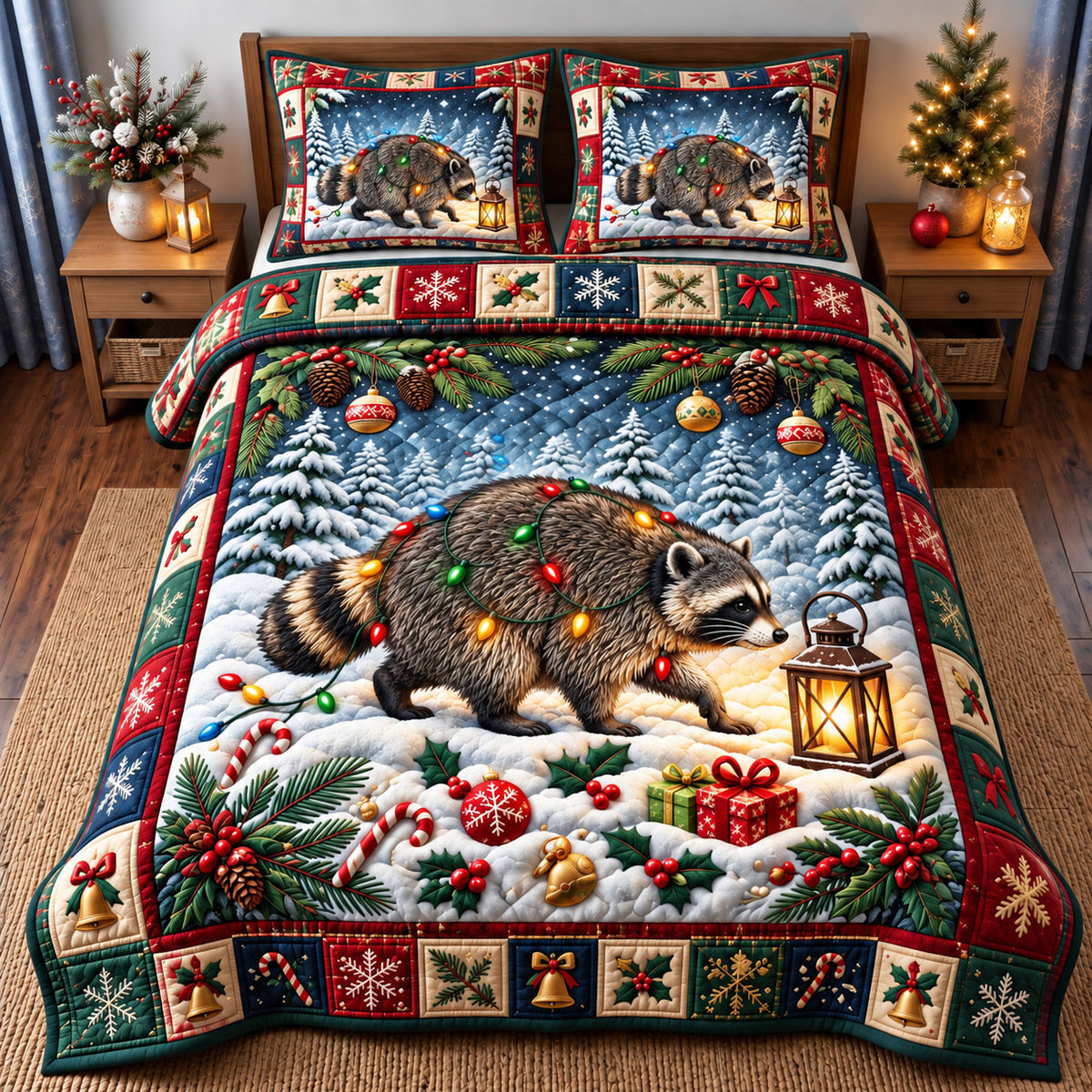 Funny Raccoon 3-Piece Quilted Bedding Set GFTONMU3531