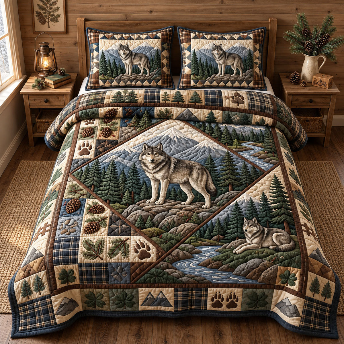 Rustic Wolf 3-Piece Quilted Bedding Set GFTONMU3724