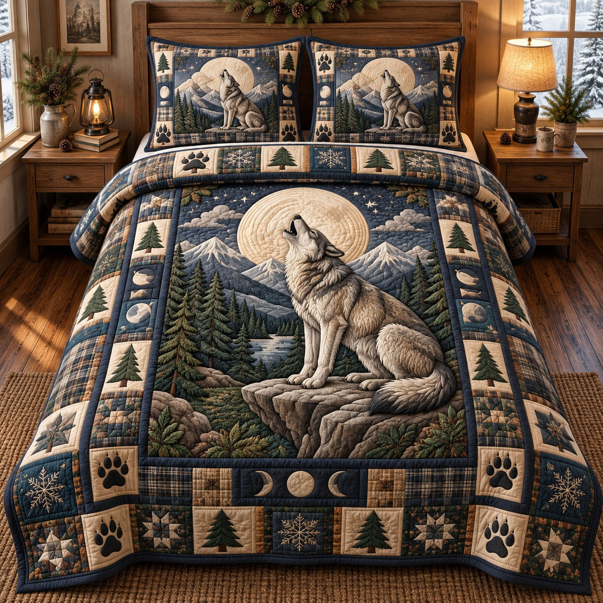 Rustic Wolf 3-Piece Quilted Bedding Set GFTONMU3725