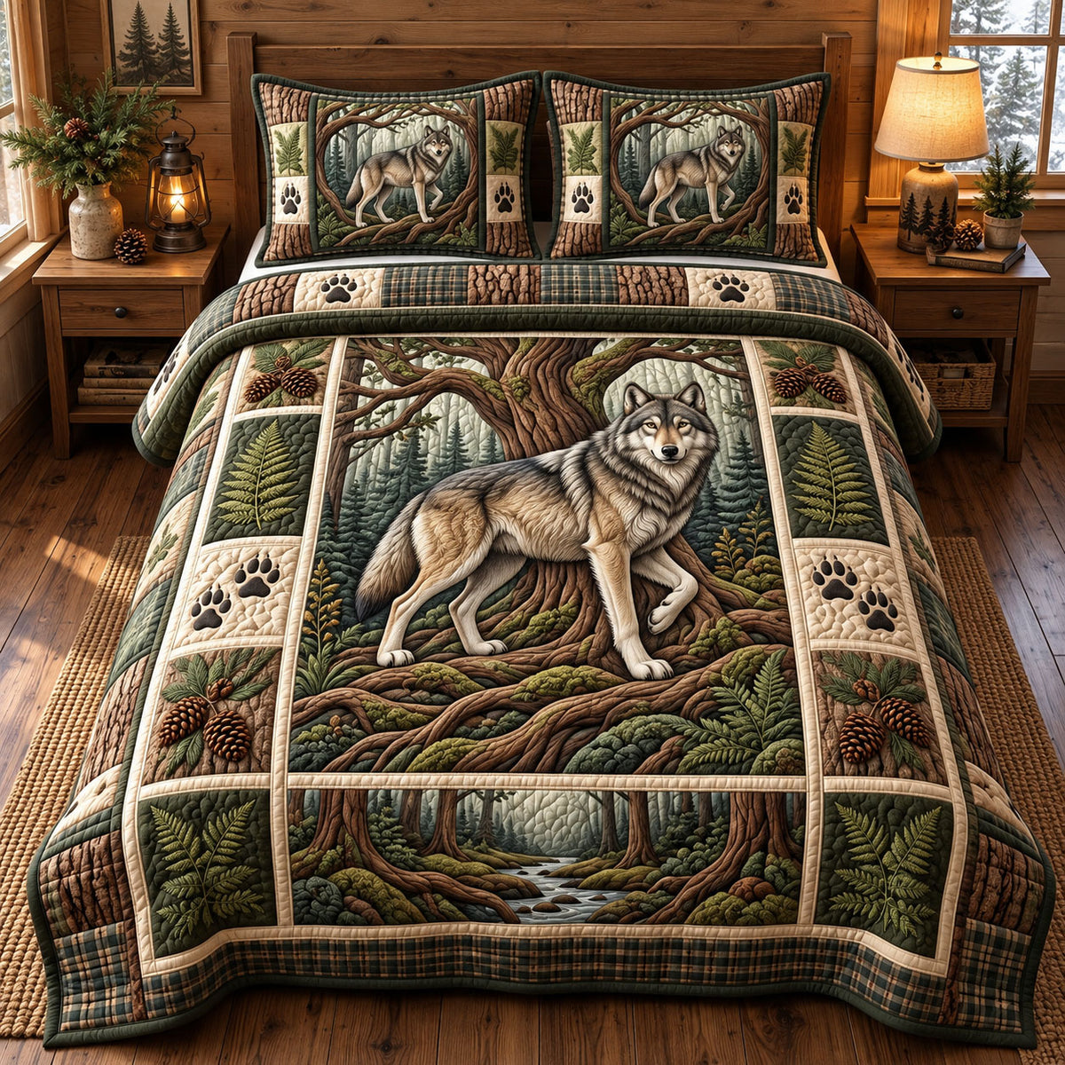 Rustic Wolf 3-Piece Quilted Bedding Set GFTONMU3728