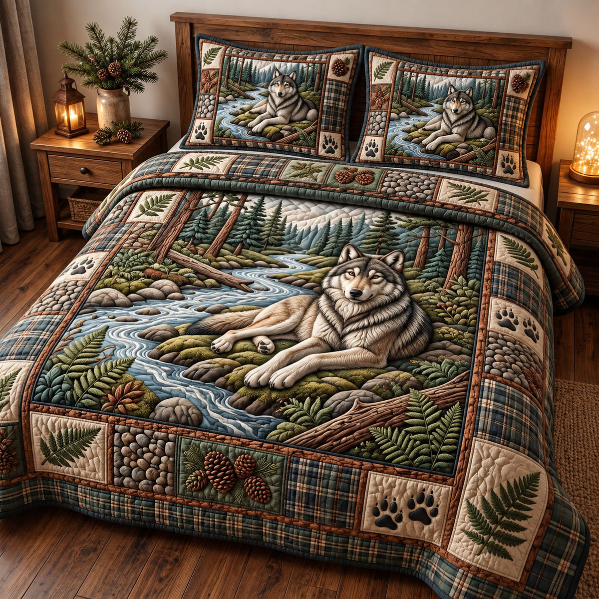 Rustic Wolf 3-Piece Quilted Bedding Set GFTONMU3729