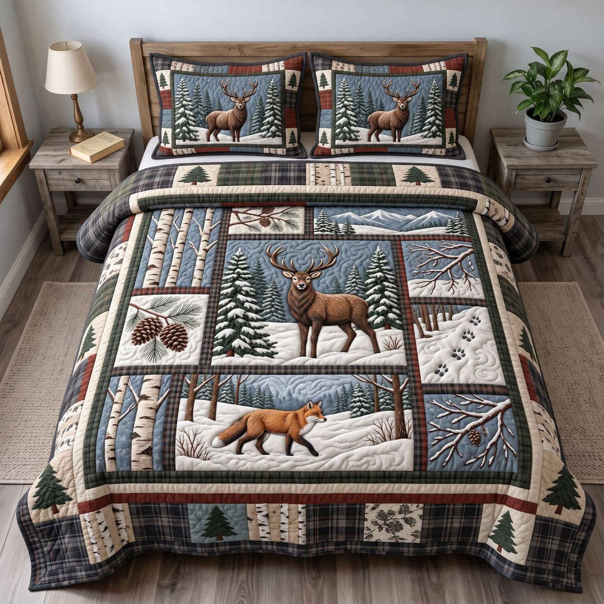 Rustic Deer 3-Piece Quilted Bedding Set GFTONMU3734