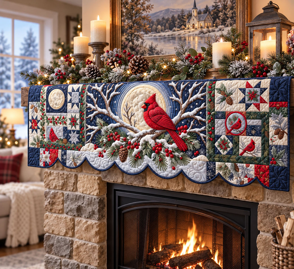 Red Cardinal Quilted Mantel Scarf GFTONMU3750