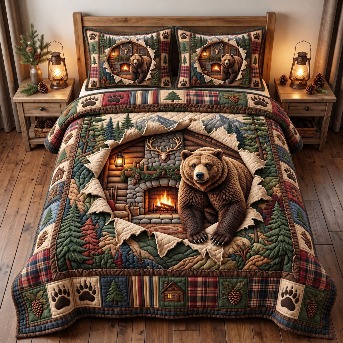 Rustic Bear 3-Piece Quilted Bedding Set GFTONMU3769
