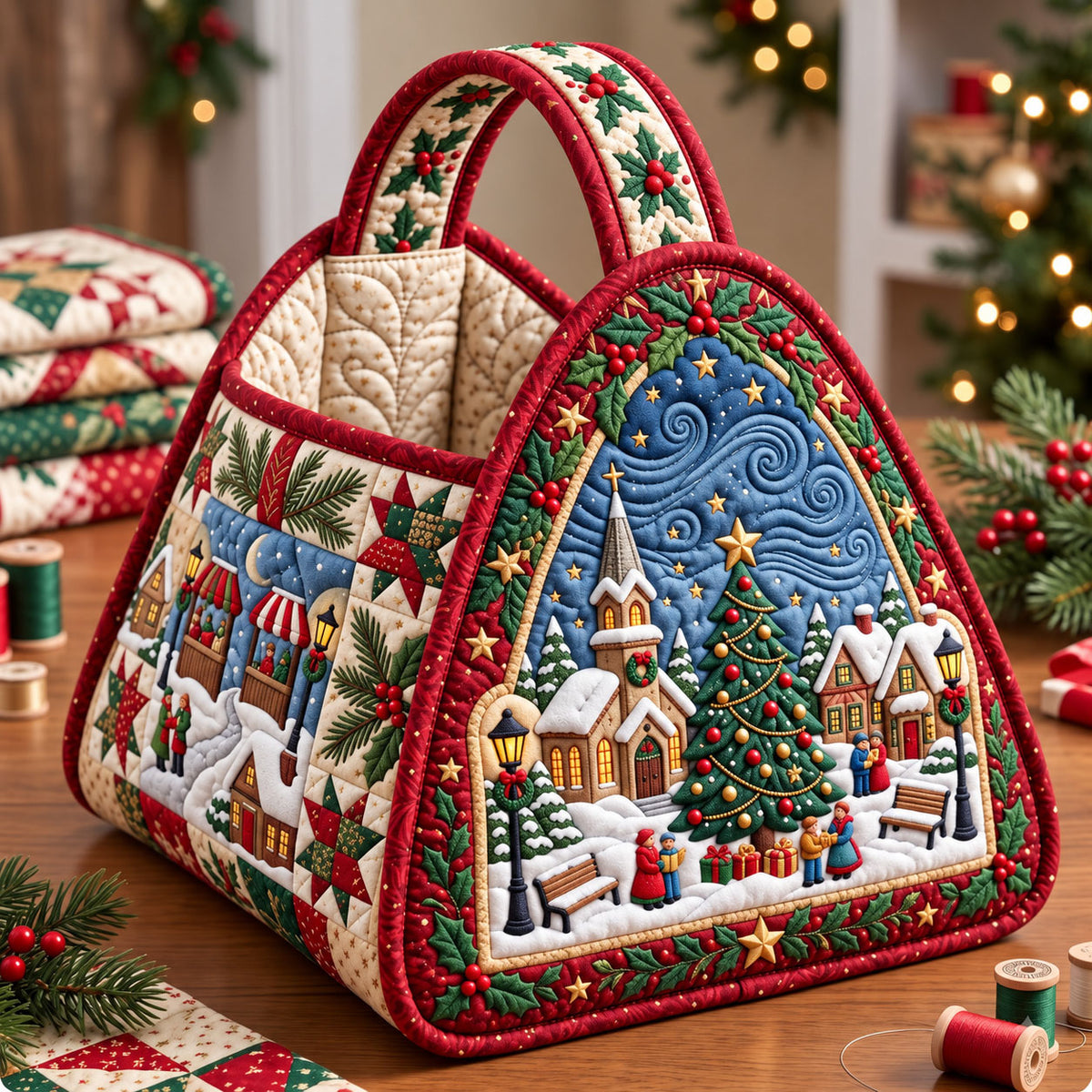 Christmas Village Christmas Quilted Basket GFTONMU3777