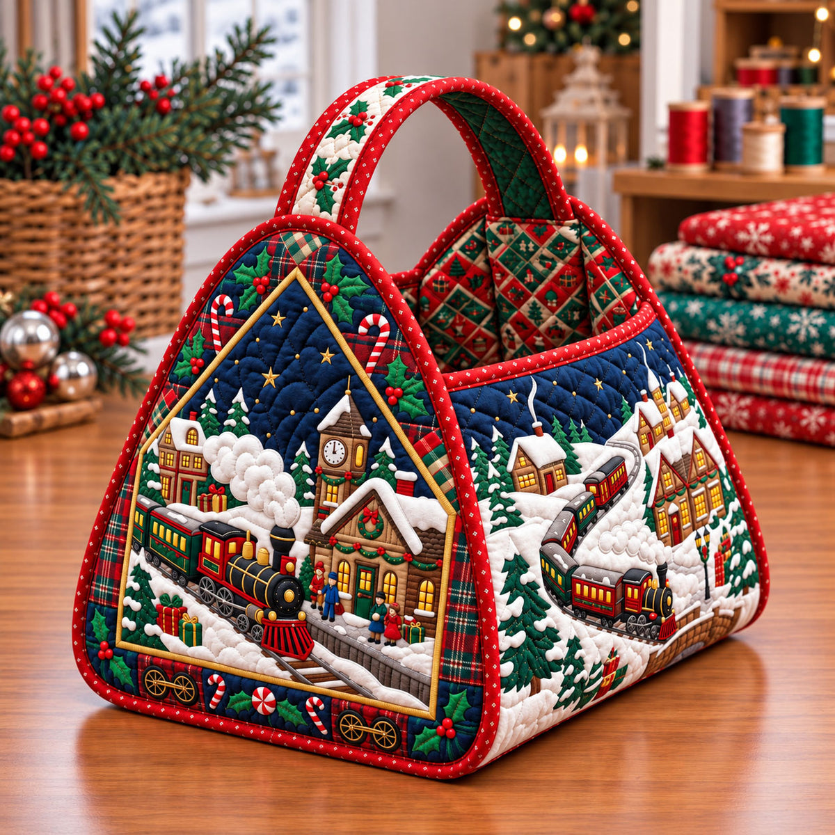 Christmas Village Christmas Quilted Basket GFTONMU3778
