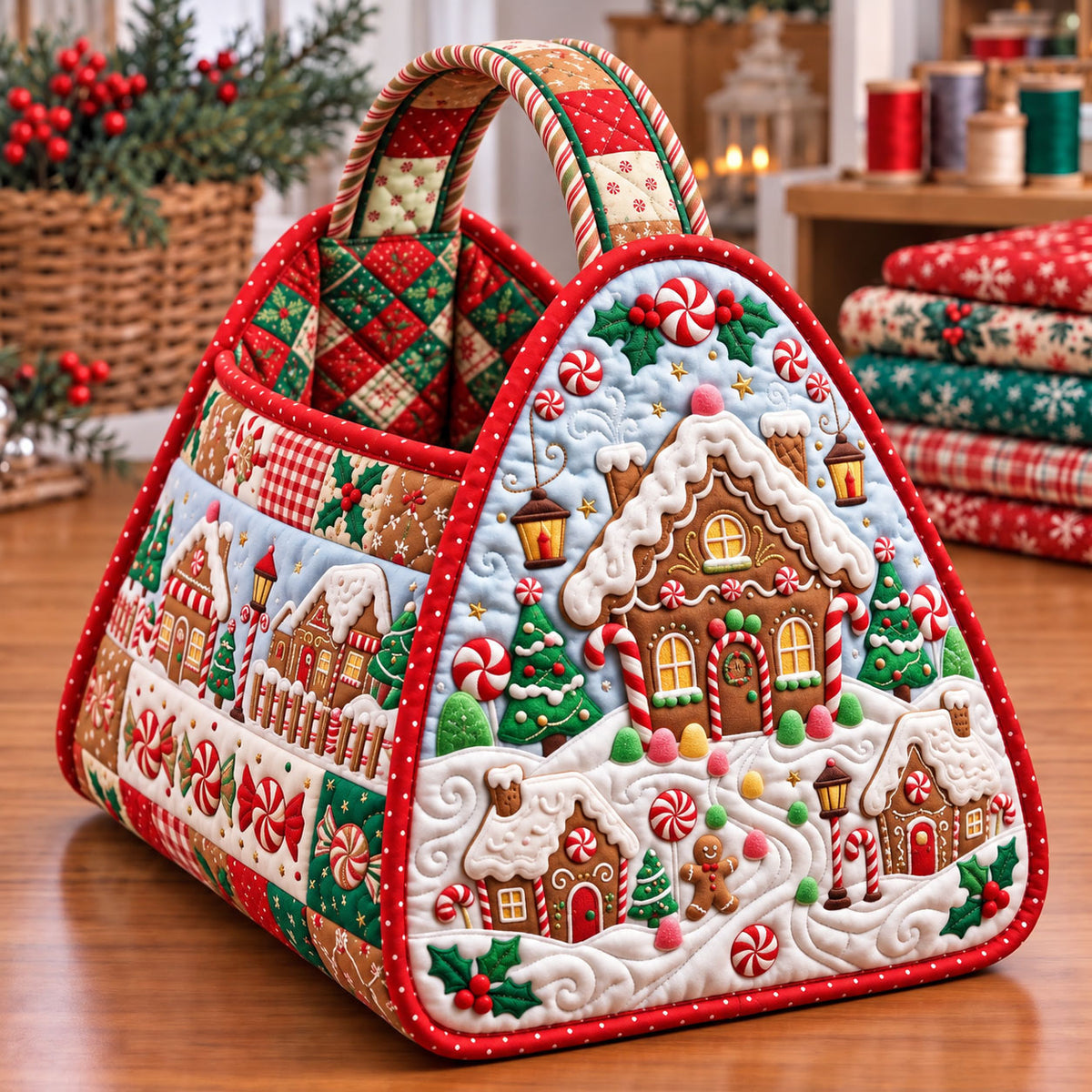 Christmas Village Christmas Quilted Basket GFTONMU3779