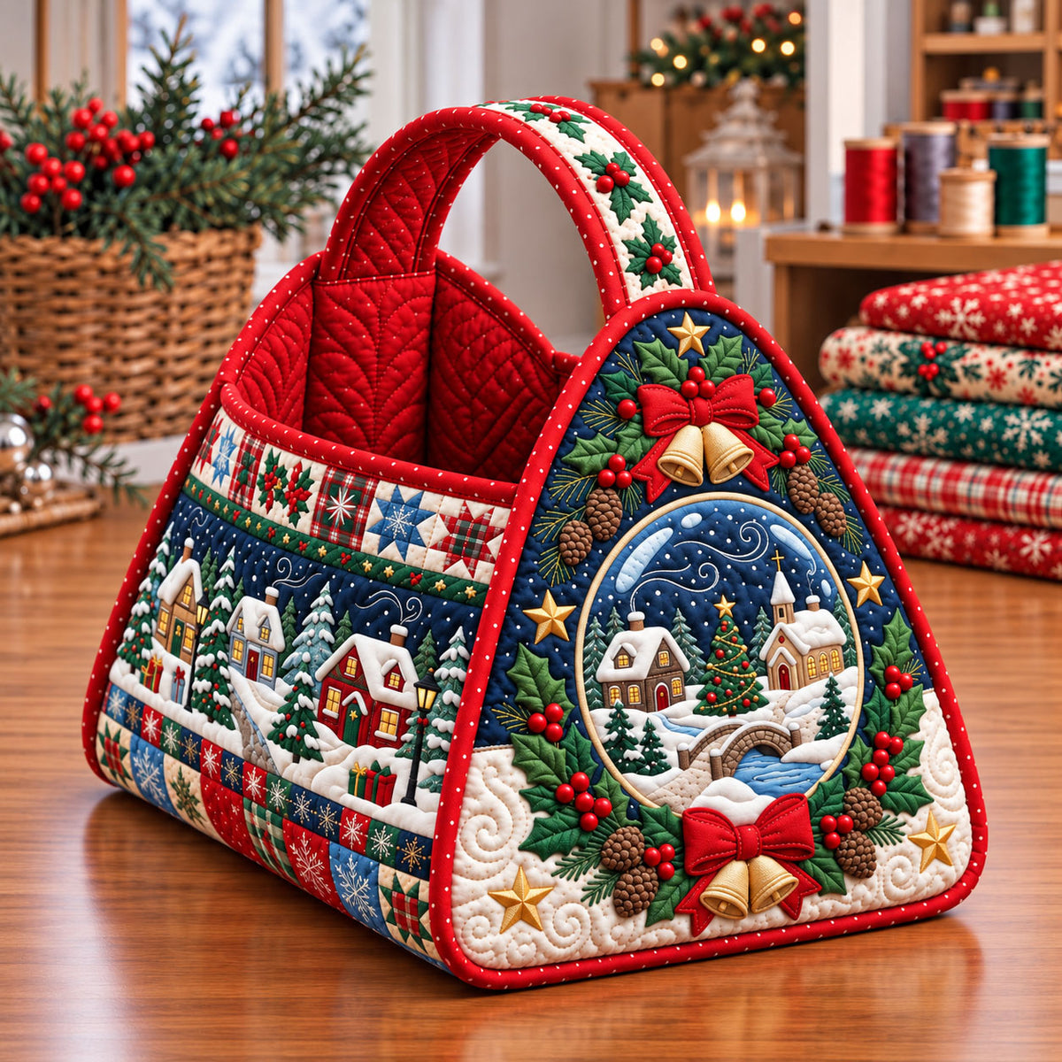 Christmas Village Christmas Quilted Basket GFTONMU3782