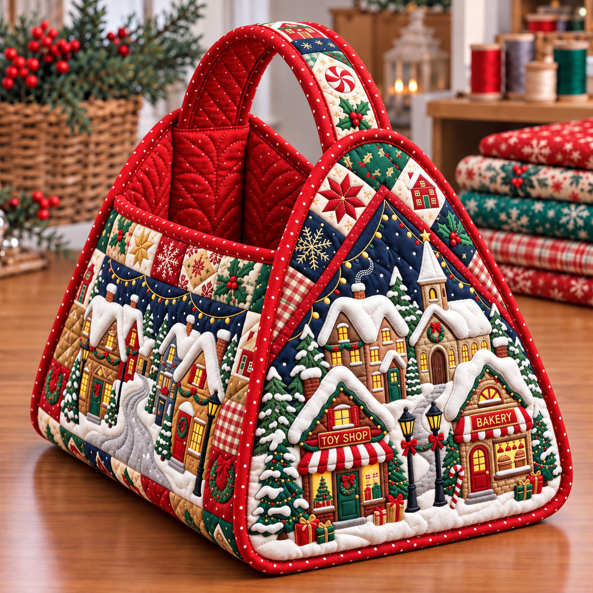 Christmas Village Christmas Quilted Basket GFTONMU3783