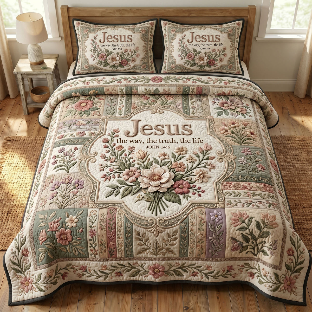 Floral Bible 3-Piece Quilted Bedding Set GFTONMU391