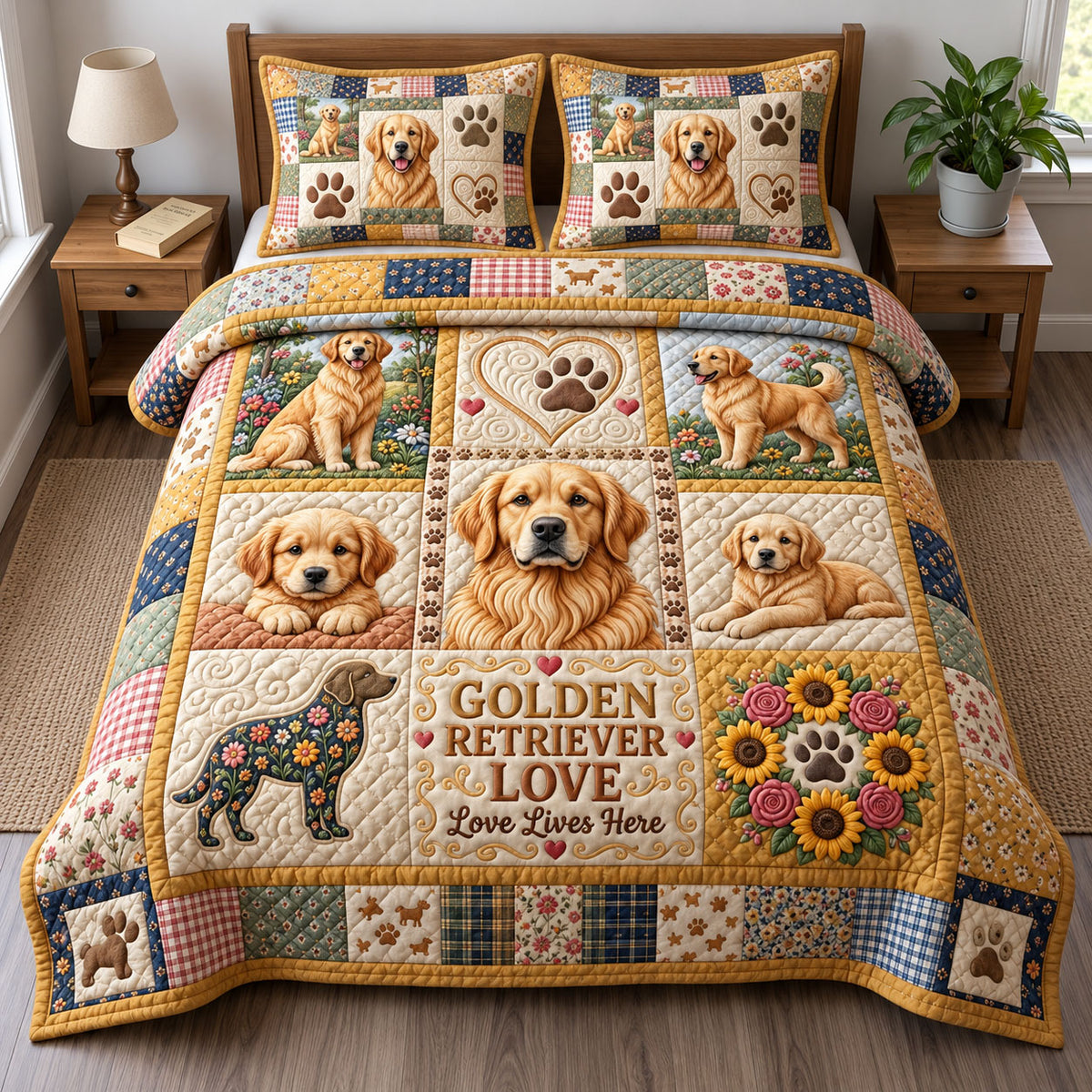 Golden Retrievers 3-Piece Quilted Bedding Set GFTONMU3948