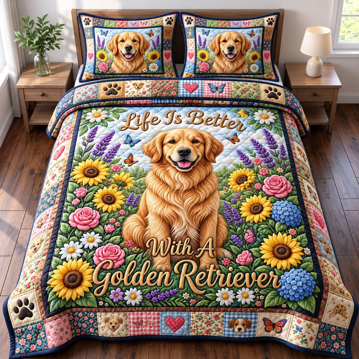 Golden Retrievers 3-Piece Quilted Bedding Set GFTONMU3954