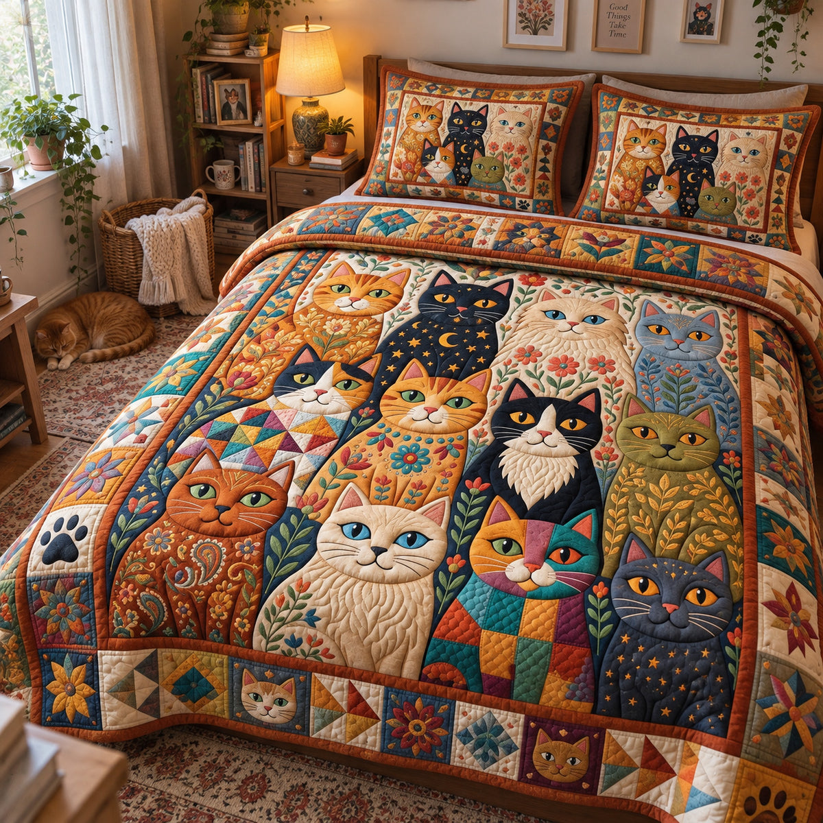 Folk Art Cats 3-Piece Quilted Bedding Set GFTONMU3980
