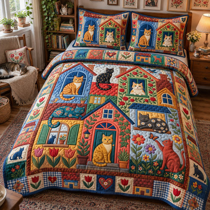 Folk Art Cats 3-Piece Quilted Bedding Set GFTONMU3981