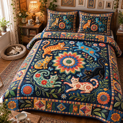Folk Art Cats 3-Piece Quilted Bedding Set GFTONMU3982