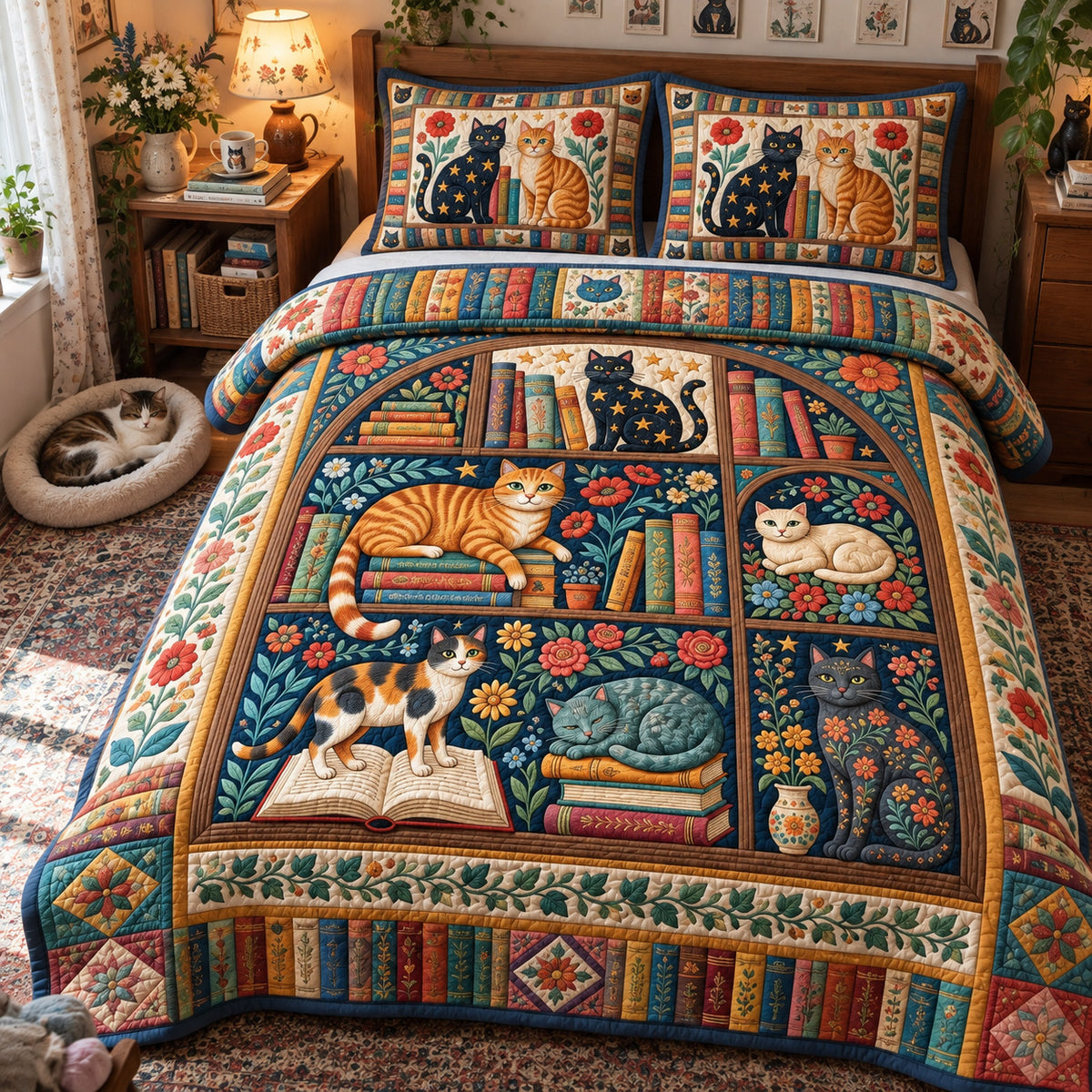 Folk Art Cats 3-Piece Quilted Bedding Set GFTONMU3983