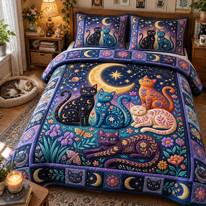 Folk Art Cats 3-Piece Quilted Bedding Set GFTONMU3984