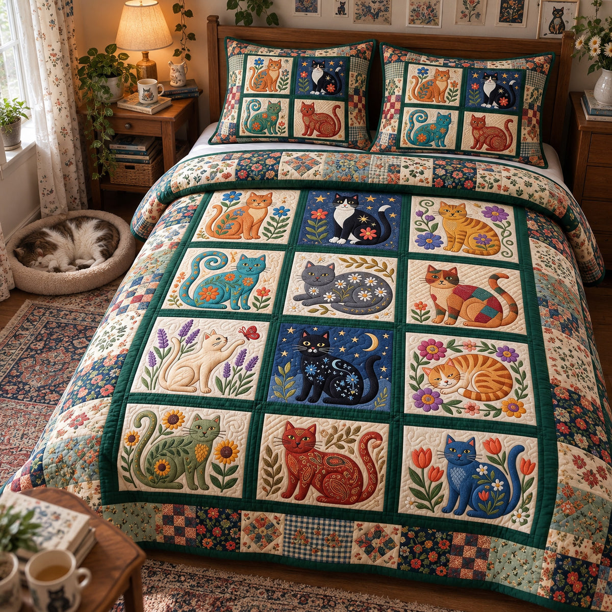 Folk Art Cats 3-Piece Quilted Bedding Set GFTONMU3985