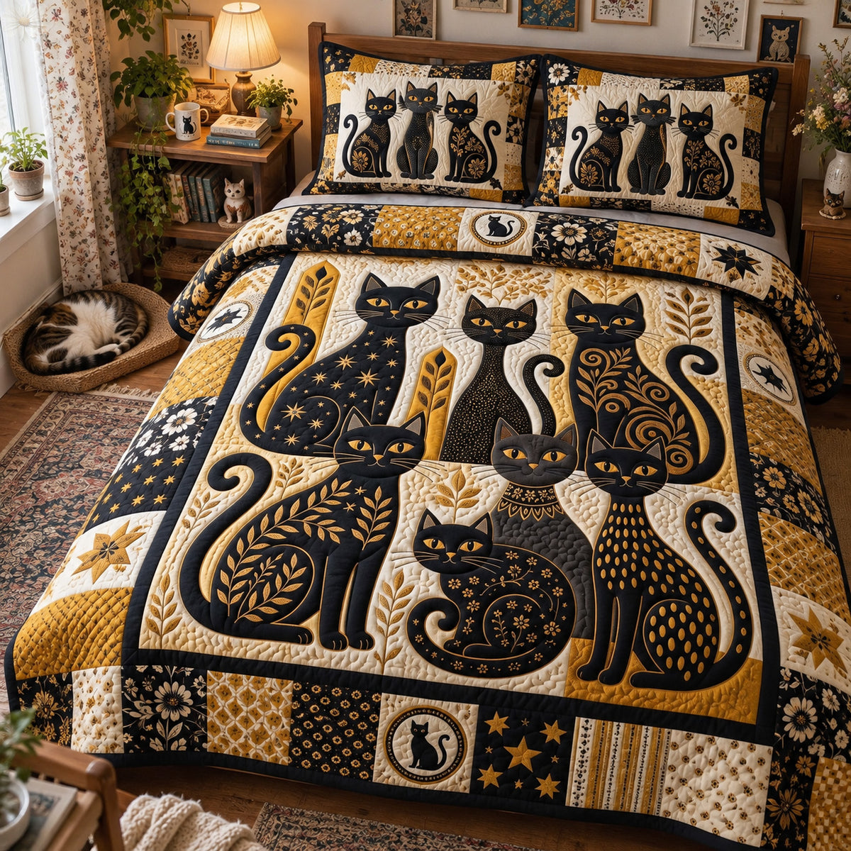 Folk Art Cats 3-Piece Quilted Bedding Set GFTONMU3986