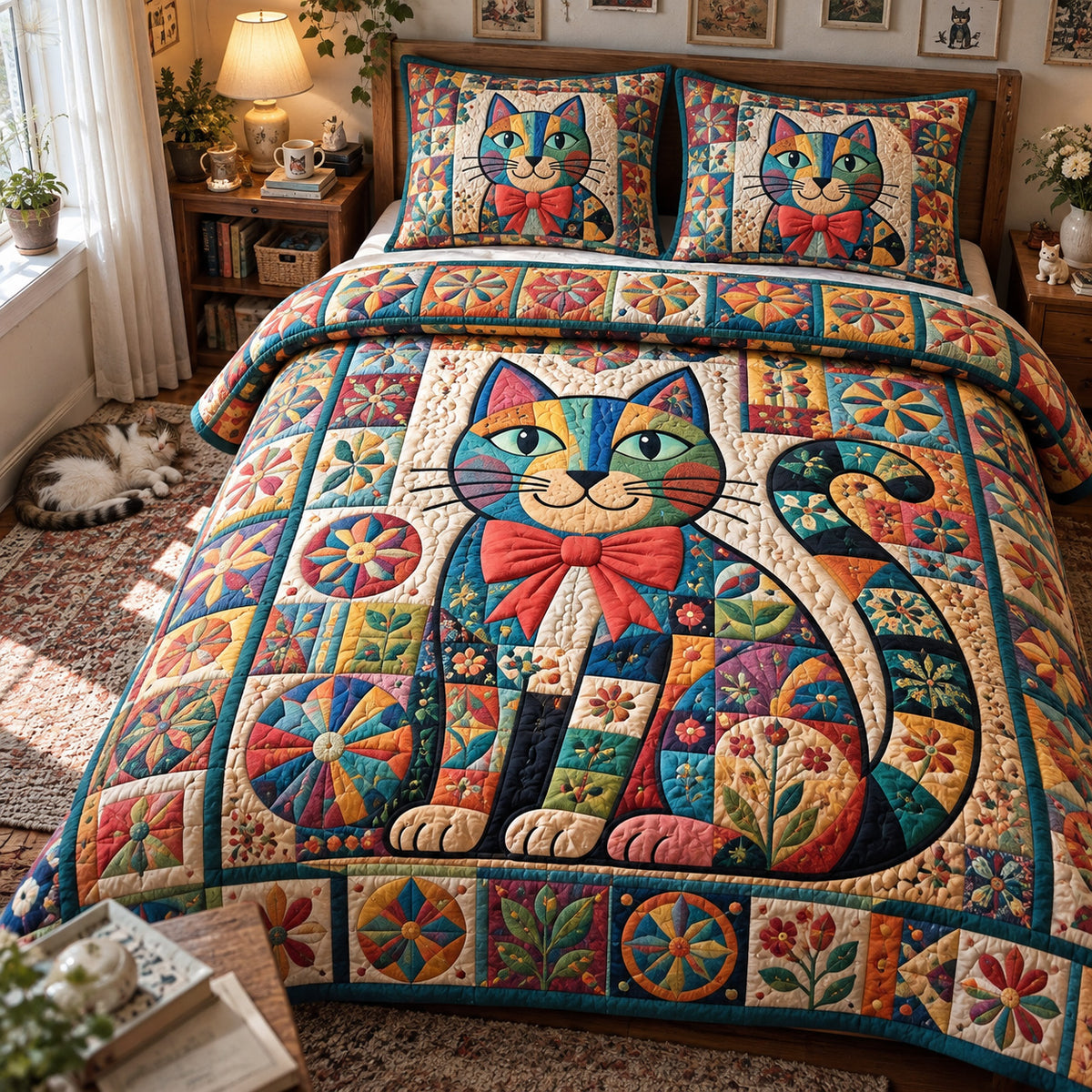Folk Art Cats 3-Piece Quilted Bedding Set GFTONMU3987
