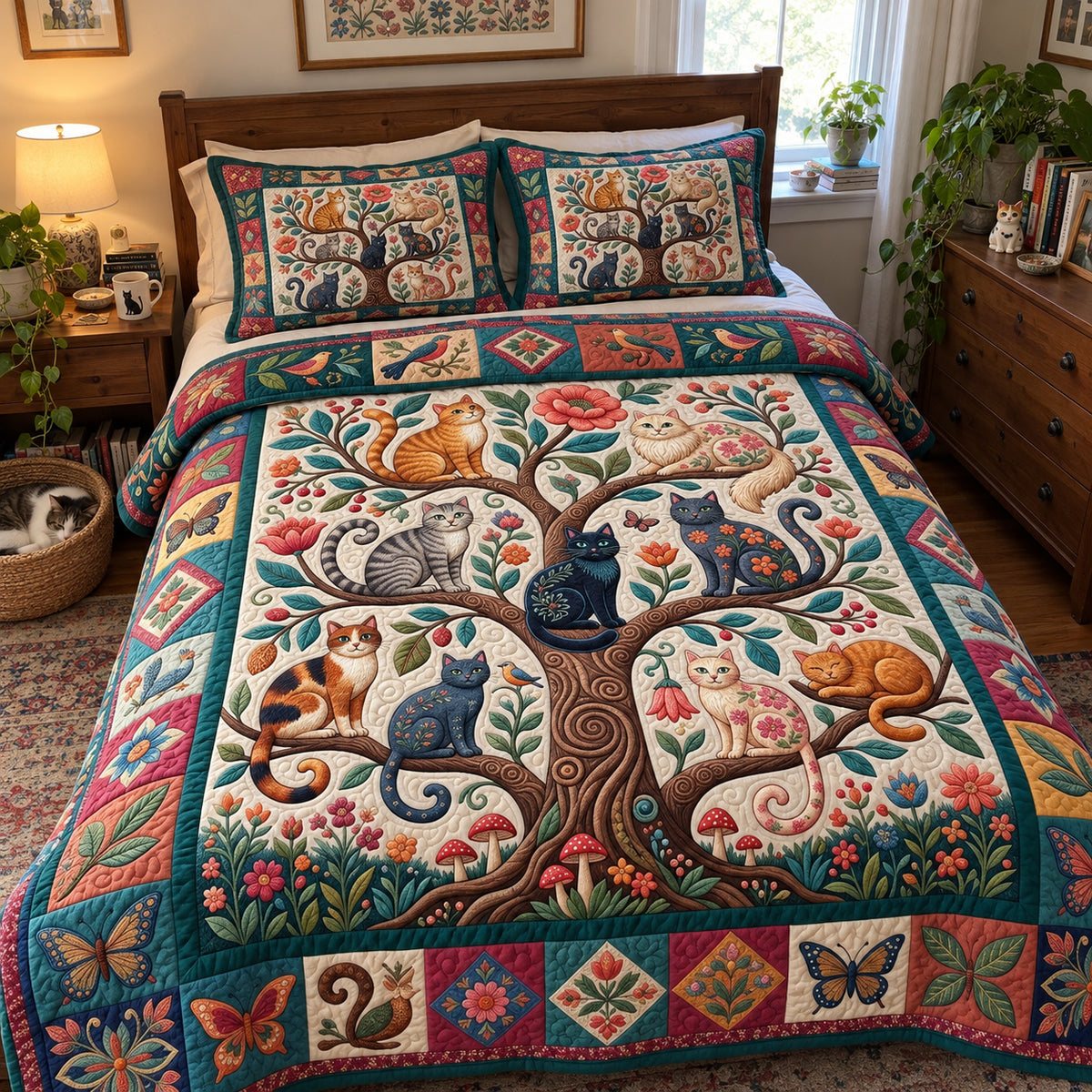 Folk Art Cats 3-Piece Quilted Bedding Set GFTONMU3988