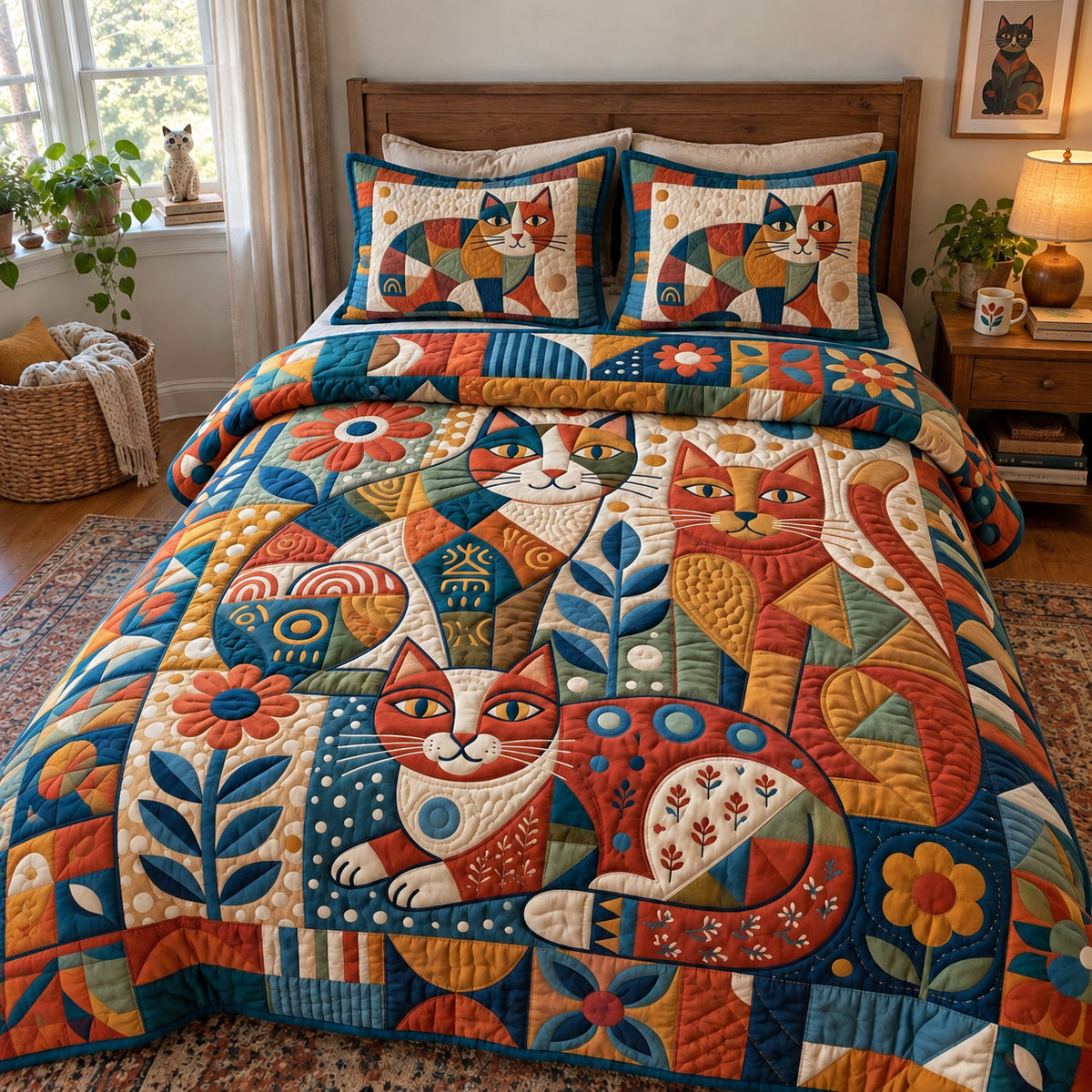 Folk Art Cats 3-Piece Quilted Bedding Set GFTONMU3989