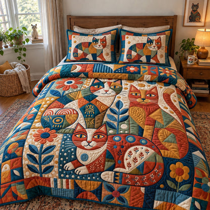 Folk Art Cats 3-Piece Quilted Bedding Set GFTONMU3989